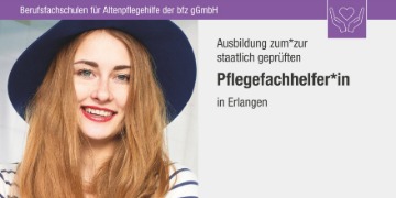 Links eine junge Frau lächelnd mit Hut und rechts daneben die Aufschrift: Ausbildung zum*zur staatlich geprüften Pflegefachhelfer*in in Erlangen